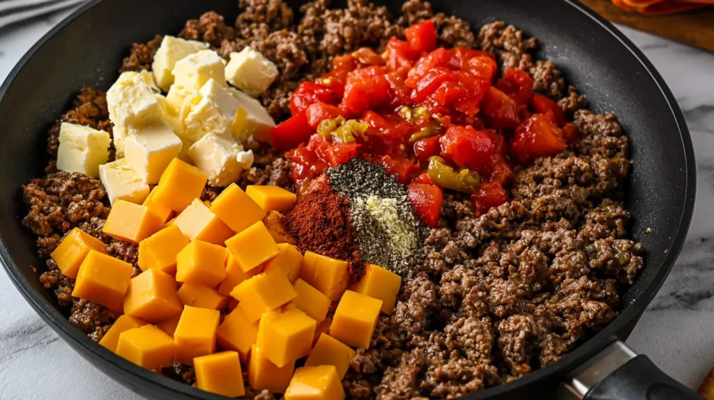 hyper-realistic photo of a black skillet filled with browned ground beef, cubed Velveeta cheese, cubed cream cheese, diced tomatoes with green chiles, and a small pile of chili powder, garlic powder, onion powder, and black pepper, ingredients not yet stirred together, overhead angle, set on a white marble countertop in a bright white kitchen, soft natural window light, clean editorial recipe photography, realistic homemade look, clear texture on the beef and cheese cubes, vibrant red tomatoes, slightly casual arrangement inside the skillet, crisp focus, true-to-life colors, no hands, no people, no text, no logos, no watermark