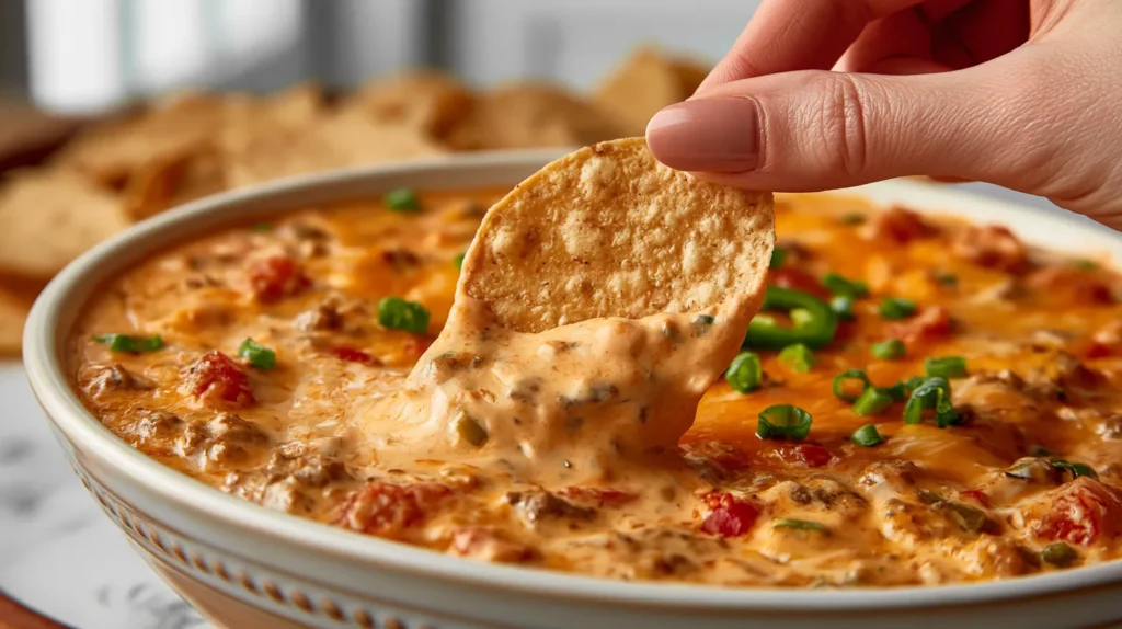 hyper-realistic close-up photo of a tortilla chip being dipped into creamy Rotel dip, one cropped female hand with a soft neutral manicure holding the chip, white ceramic serving bowl filled with warm melted cheese dip, seasoned ground beef, diced tomatoes, green chiles, softened cream cheese and Velveeta blended into a smooth scoopable texture, small bits of green onion and jalapeño on top, sturdy tortilla chips blurred softly in the background, set on a white marble countertop in a bright white kitchen, soft natural window light, warm orange cheesy tones, realistic homemade appetizer texture, shallow depth of field, crisp focus on the chip and dip, editorial recipe photography, true-to-life colors, no extra fingers, no people in background, no text, no logos, no watermark