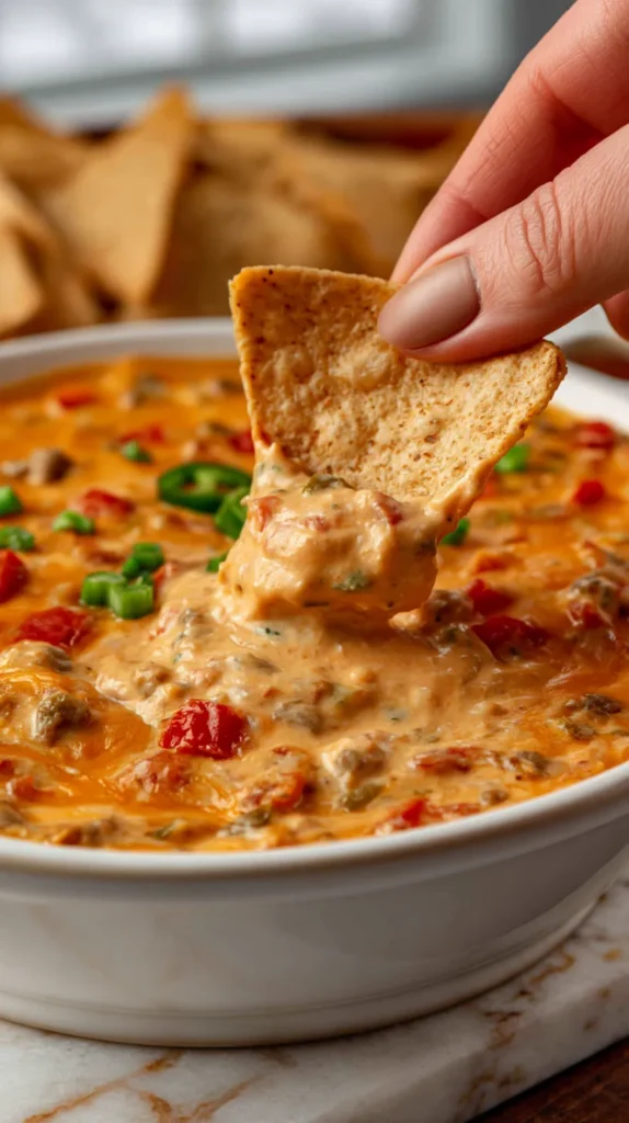 hyper-realistic close-up photo of a tortilla chip being dipped into creamy Rotel dip, one cropped female hand with a soft neutral manicure holding the chip, white ceramic serving bowl filled with warm melted cheese dip, seasoned ground beef, diced tomatoes, green chiles, softened cream cheese and Velveeta blended into a smooth scoopable texture, small bits of green onion and jalapeño on top, sturdy tortilla chips blurred softly in the background, set on a white marble countertop in a bright white kitchen, soft natural window light, warm orange cheesy tones, realistic homemade appetizer texture, shallow depth of field, crisp focus on the chip and dip, editorial recipe photography, true-to-life colors, no extra fingers, no people in background, no text, no logos, no watermark