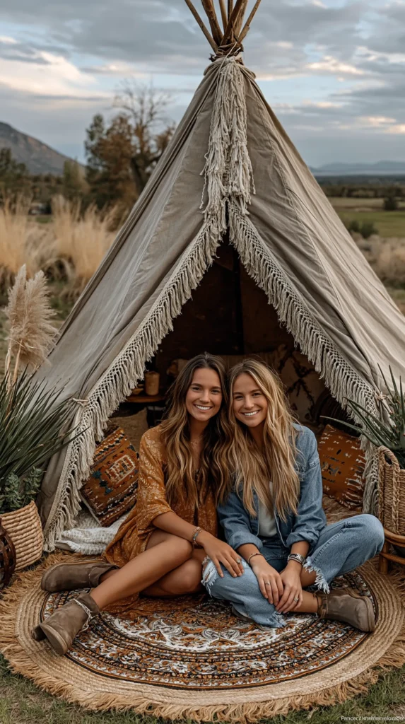 realistic photo of 2 college girls, glamping, outdoors, tepee tent, aesthetic