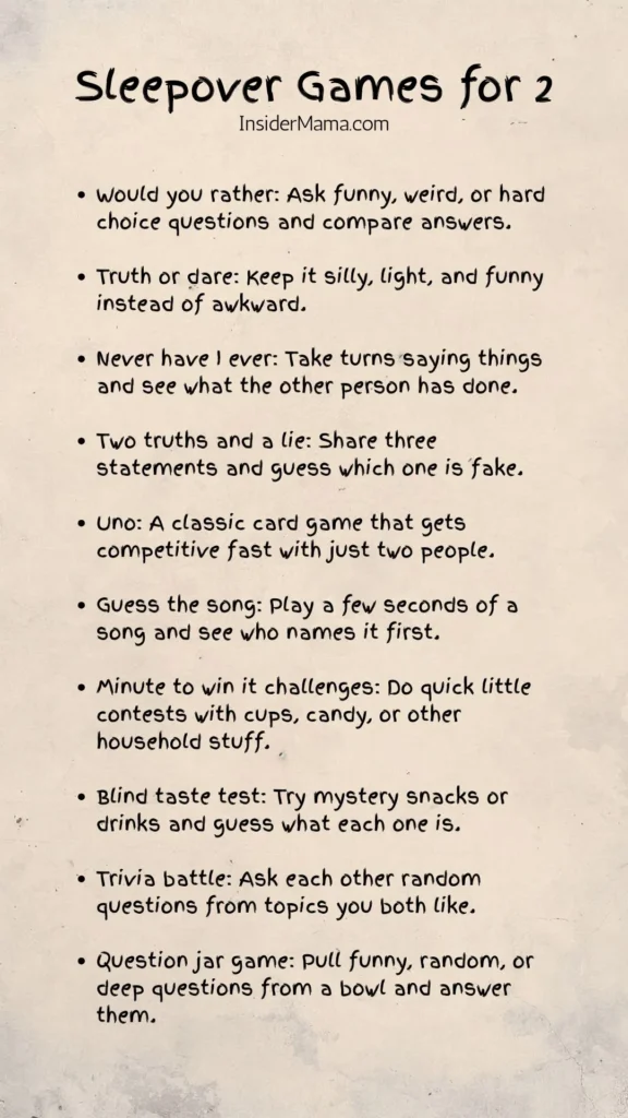 list of 10 games for 2, sleepover ideas