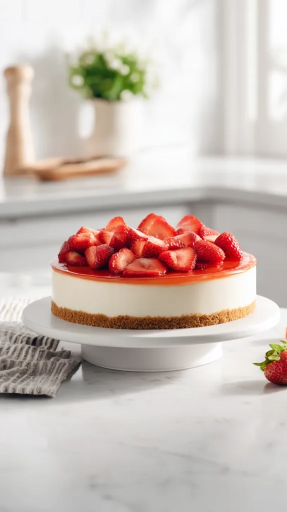 Hyper-realistic photo of a finished 9-inch strawberry cheesecake on a simple white ceramic platter, thick golden graham cracker crust, tall creamy pale ivory cheesecake filling with a smooth top, glossy fresh strawberry topping made with sliced strawberries in a bright red syrupy glaze, realistic berry sizes and textures, a few extra strawberry slices arranged naturally on top, set on a white marble kitchen counter in a bright white kitchen, soft natural window light, crisp editorial food photography, clean airy styling, subtle natural shadows, background softly blurred, no utensils, no crumbs mess, no whipped cream, no mint, no text, no watermark