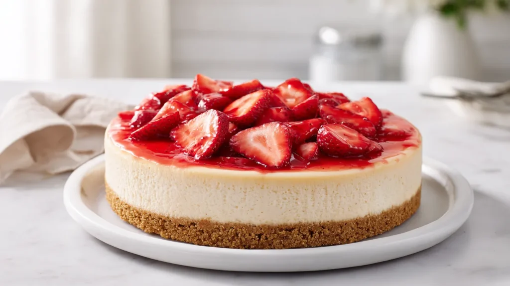 Hyper-realistic photo of a finished 9-inch strawberry cheesecake on a simple white ceramic platter, thick golden graham cracker crust, tall creamy pale ivory cheesecake filling with a smooth top, glossy fresh strawberry topping made with sliced strawberries in a bright red syrupy glaze, realistic berry sizes and textures, a few extra strawberry slices arranged naturally on top, set on a white marble kitchen counter in a bright white kitchen, soft natural window light, crisp editorial food photography, clean airy styling, subtle natural shadows, background softly blurred, no utensils, no crumbs mess, no whipped cream, 