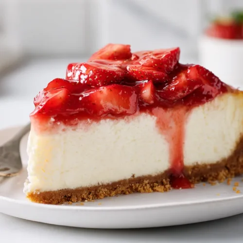 Hyper-realistic photo of a single slice of strawberry cheesecake on a simple white ceramic dessert plate, thick golden graham cracker crust, tall creamy pale ivory cheesecake filling with a smooth dense baked texture, glossy strawberry topping made with sliced fresh strawberries in a bright red syrupy glaze, realistic berry sizes and juicy textures, clean sharp slice edges, set on a white marble kitchen counter in a bright white kitchen, soft natural window light, crisp editorial food photography, airy clean styling, subtle natural shadows, softly blurred background, no fork, no whipped cream, no mint, no crumbs mess, no text, no watermark