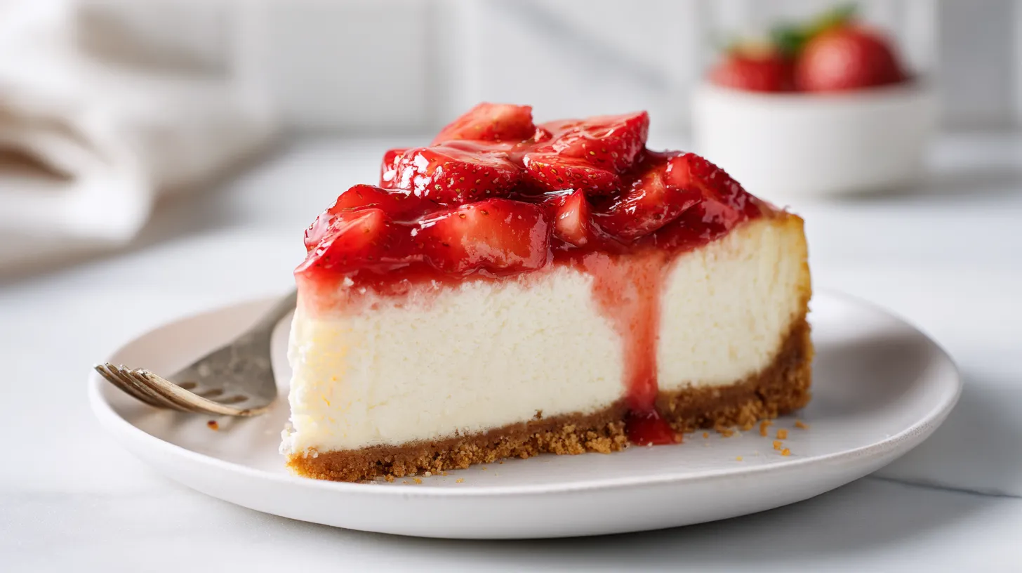 Hyper-realistic photo of a single slice of strawberry cheesecake on a simple white ceramic dessert plate, thick golden graham cracker crust, tall creamy pale ivory cheesecake filling with a smooth dense baked texture, glossy strawberry topping made with sliced fresh strawberries in a bright red syrupy glaze, realistic berry sizes and juicy textures, clean sharp slice edges, set on a white marble kitchen counter in a bright white kitchen, soft natural window light, crisp editorial food photography, airy clean styling, subtle natural shadows, softly blurred background, no fork, no whipped cream, no mint, no crumbs mess, no text, no watermark