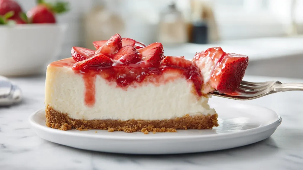 Hyper-realistic photo of a single slice of strawberry cheesecake on a simple white ceramic dessert plate, thick golden graham cracker crust, tall creamy pale ivory cheesecake filling with a smooth dense baked texture, glossy strawberry topping made with sliced fresh strawberries in a bright red syrupy glaze, a silver fork lifting one clean bite from the front edge of the slice, realistic berry sizes and juicy textures, clean sharp slice edges, set on a white marble kitchen counter in a bright white kitchen, soft natural window light, crisp editorial food photography, airy clean styling, subtle natural shadows, softly blurred background, no hand, no whipped cream, no mint, no crumbs mess, no text, no watermark