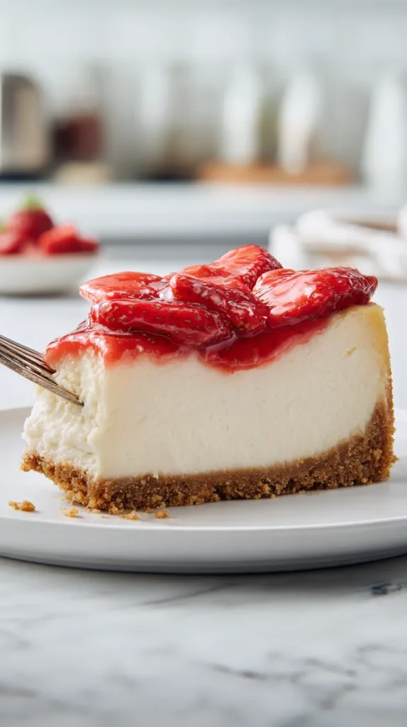Hyper-realistic photo of a single slice of strawberry cheesecake on a simple white ceramic dessert plate, thick golden graham cracker crust, tall creamy pale ivory cheesecake filling with a smooth dense baked texture, glossy strawberry topping made with sliced fresh strawberries in a bright red syrupy glaze, a silver fork lifting one clean bite from the front edge of the slice, realistic berry sizes and juicy textures, clean sharp slice edges, set on a white marble kitchen counter in a bright white kitchen, soft natural window light, crisp editorial food photography, airy clean styling, subtle natural shadows, softly blurred background, no hand, no whipped cream, no mint, no crumbs mess, no text, no watermark