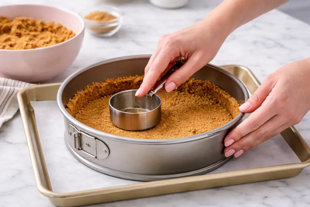 Pressing the mixture into the bottom and slightly up the sides of a 9-inch springform pan.