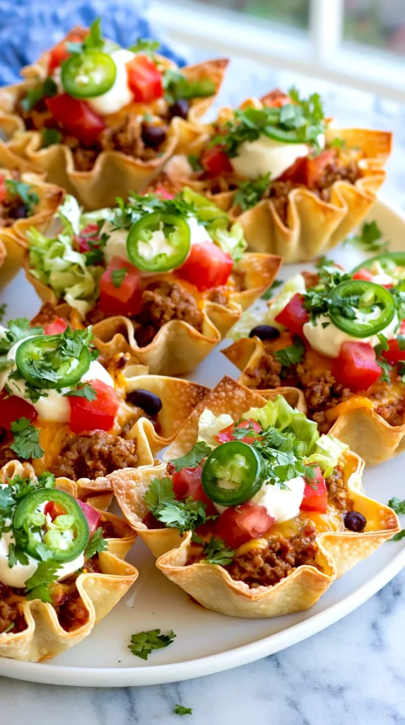 Hyper-realistic close front side-view photo of one layered taco cupcake made with two separate thin square wonton wrappers, the lower wonton wrapper forming a crisp base, the second wonton wrapper sitting above it and rotated slightly, clear visible gap and seam between the two wonton wrapper layers, seasoned ground beef, black beans, and melted cheddar cheese visible between the layers, crisp golden pointed wonton corners, thin bubbly baked wrapper texture, lightly topped with sour cream, diced tomatoes, shredded lettuce, chopped cilantro, and thin jalapeño slices, a few matching layered taco cupcakes softly blurred in the background, arranged on a simple white oval plate on a white marble countertop in a bright white kitchen, soft natural window light, clean editorial food photography, realistic appetizer size, no single deep cup, no one-piece shell, no tortilla bowl, no fluted pastry shell, no guacamole, no muffin tin, no metal pan, no utensils, no hands, no text, no watermark