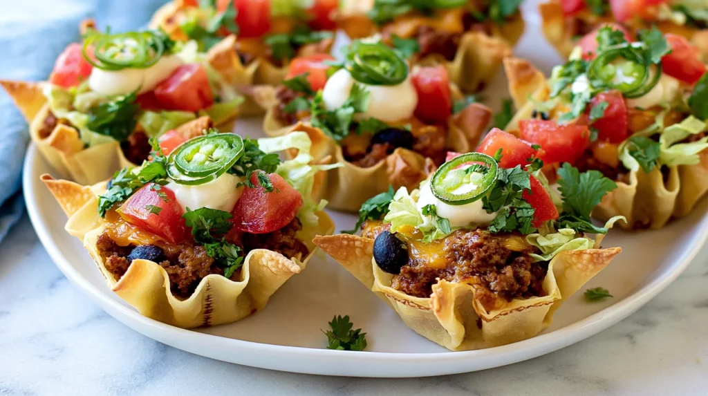 hyper-realistic close-up food photography of taco cupcakes true to the recipe, made with two visible baked wonton wrapper layers per cupcake, layered wonton corners showing, crisp golden edges, small hand-held size, filled with seasoned ground beef, black beans, melted cheddar and Monterey Jack, topped lightly with sour cream, diced tomatoes, shredded lettuce, cilantro, and jalapeño slices, plated in the same soft natural style as the sample image, bright fresh toppings, realistic proportions, baked not fried, no guacamole, no single-shell wonton cups, no oversized taco stacks, no tortilla bowls, no muffin tin, no utensils, no text, no watermark