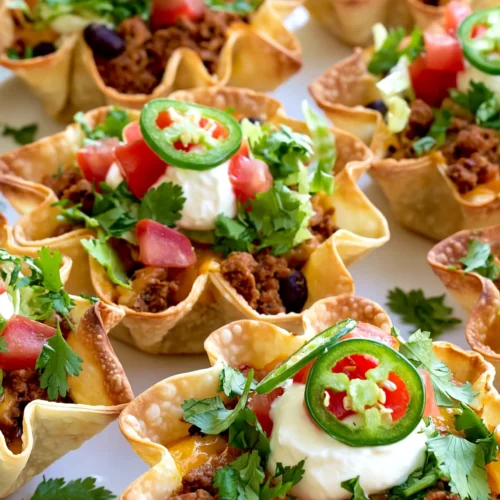 hyper-realistic close-up food photography of taco cupcakes true to the recipe, made with two visible baked wonton wrapper layers per cupcake, layered wonton corners showing, crisp golden edges, small hand-held size, filled with seasoned ground beef, black beans, melted cheddar and Monterey Jack, topped lightly with sour cream, diced tomatoes, shredded lettuce, cilantro, and jalapeño slices, plated in the same soft natural style as the sample image, bright fresh toppings, realistic proportions, baked not fried, no guacamole, no single-shell wonton cups, no oversized taco stacks, no tortilla bowls, no muffin tin, no utensils, no text, no watermark