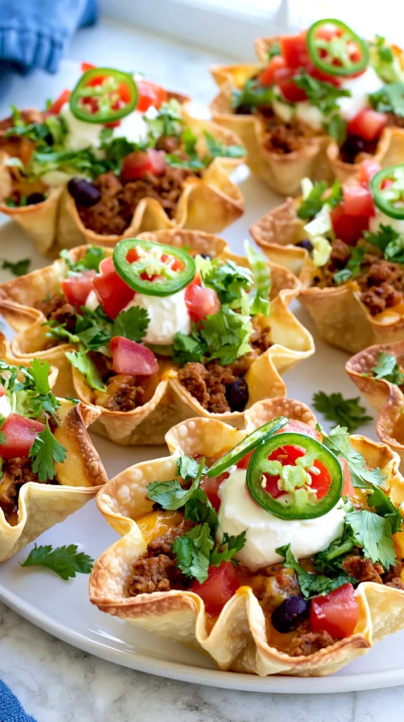 hyper-realistic close-up food photography of taco cupcakes true to the recipe, made with two visible baked wonton wrapper layers per cupcake, layered wonton corners showing, crisp golden edges, small hand-held size, filled with seasoned ground beef, black beans, melted cheddar and Monterey Jack, topped lightly with sour cream, diced tomatoes, shredded lettuce, cilantro, and jalapeño slices, plated in the same soft natural style as the sample image, bright fresh toppings, realistic proportions, baked not fried, no guacamole, no single-shell wonton cups, no oversized taco stacks, no tortilla bowls, no muffin tin, no utensils, no text, no watermark