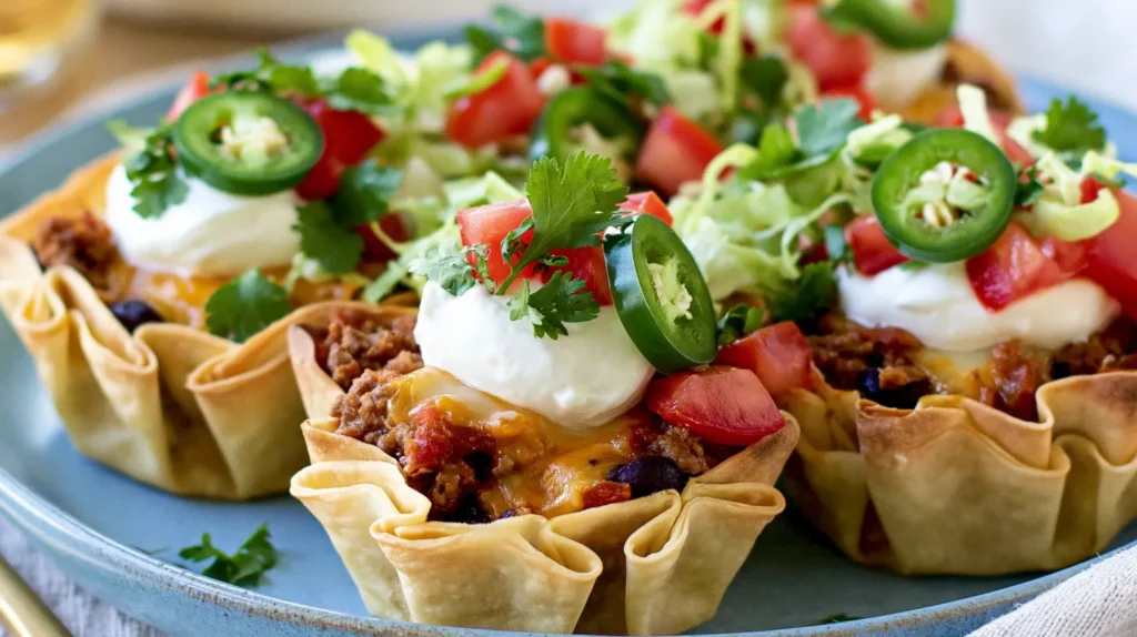 Hyper-realistic photo of taco cupcakes made with thin crispy square wonton wrappers folded into small angular cups, visible pointed wonton corners, delicate blistered golden wrapper texture, crisp baked edges, filled with seasoned ground beef, black beans, melted cheddar cheese and Monterey Jack cheese, topped lightly with sour cream, diced tomatoes, shredded lettuce, chopped cilantro, and thin jalapeño slices, small hand-held appetizer size, arranged on a simple white plate on a white marble countertop in a bright white kitchen, soft natural window light, clean editorial food photography, realistic texture, fresh colorful toppings, true-to-life proportions, slightly overhead angle, shallow depth of field, no utensils, no hands, no text, no watermark, no muffin tin, no metal baking pan, no tortilla bowls, no fluted pastry shells, no ruffled pie crust, no oversized taco salad bowls