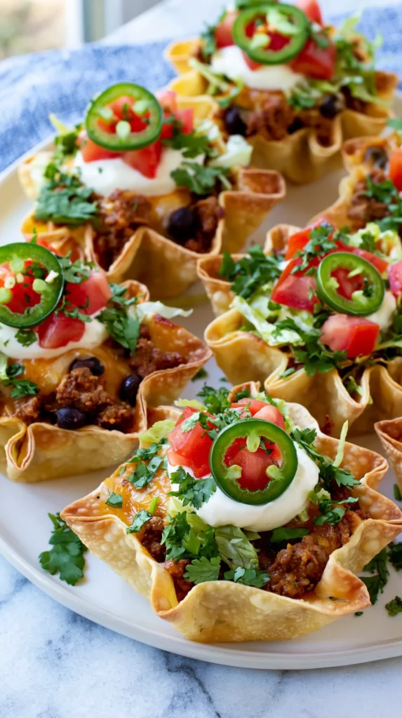 hyper-realistic close-up food photography of taco cupcakes true to the recipe, made with two visible baked wonton wrapper layers per cupcake, layered wonton corners showing, crisp golden edges, small hand-held size, filled with seasoned ground beef, black beans, melted cheddar and Monterey Jack, topped lightly with sour cream, diced tomatoes, shredded lettuce, cilantro, and jalapeño slices, plated in the same soft natural style as the sample image, bright fresh toppings, realistic proportions, baked not fried, no guacamole, no single-shell wonton cups, no oversized taco stacks, no tortilla bowls, no muffin tin, no utensils, no text, no watermark