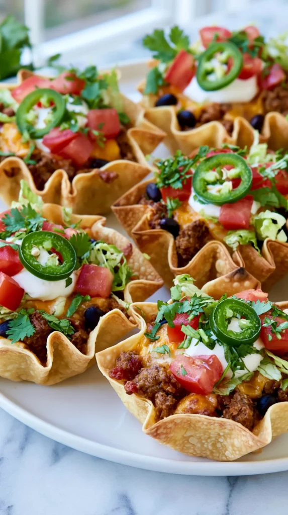 hyper-realistic close-up food photography of taco cupcakes true to the recipe, made with baked thin wonton wrappers, sharp corners showing, crisp golden edges, small hand-held size, filled with seasoned ground beef, black beans, melted cheddar and Monterey Jack, topped lightly with sour cream, diced tomatoes, shredded lettuce, cilantro, and jalapeño slices, plated in the same soft natural style as the sample image, bright fresh toppings, realistic proportions, baked not fried, no guacamole, no single-shell wonton cups, no oversized taco stacks, no tortilla bowls, no muffin tin, no utensils, no text, no watermark
