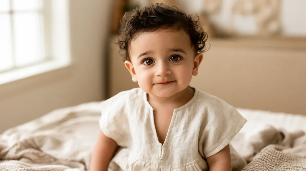 Arab baby boy, 8 months old, warm brown eyes, soft dark curls, gentle smile, wearing a simple cream linen romper, sitting on a cozy neutral blanket, soft natural window light, warm beige nursery background, subtle Arabic-inspired decor details, elegant and realistic portrait photography, shallow depth of field, creamy skin tones, natural expression, editorial baby photography, high detail, soft shadows, no text, no watermark