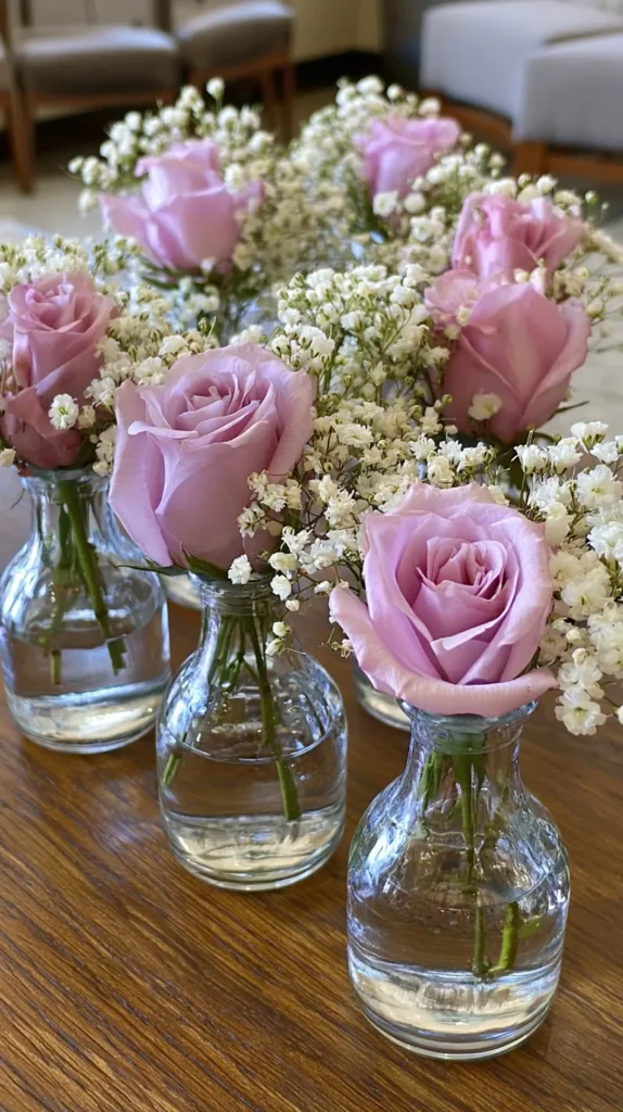 lilac roses, baby's breath, small bud vases