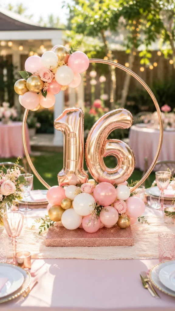 16 centerpiece, rose gold 16 balloons, small balls, outdoors