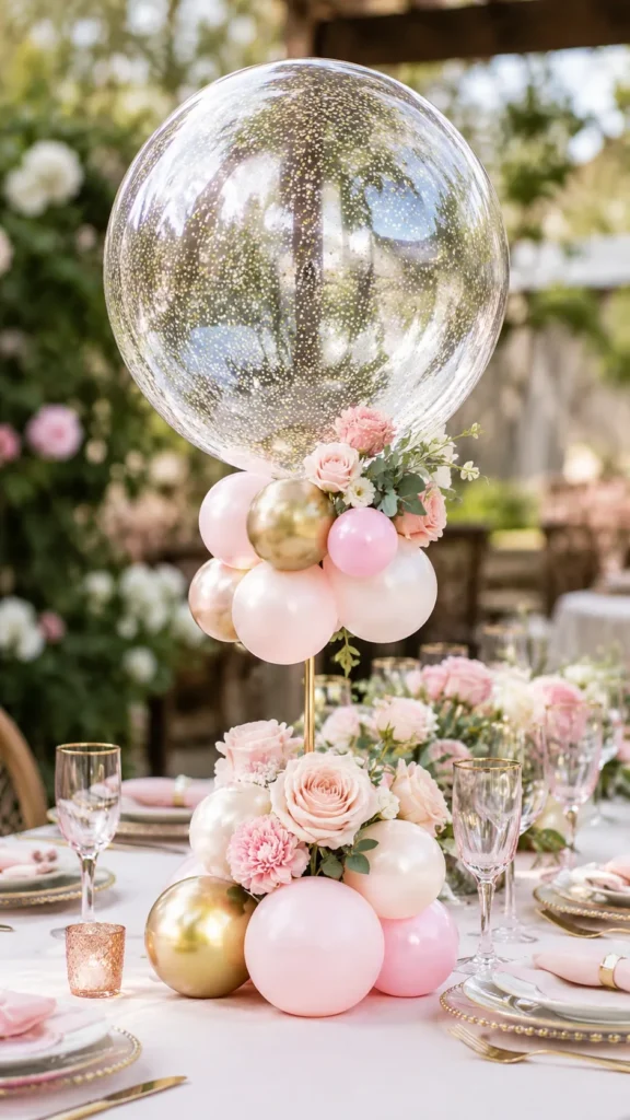 clear balloon, flowers, birthday centerpiece