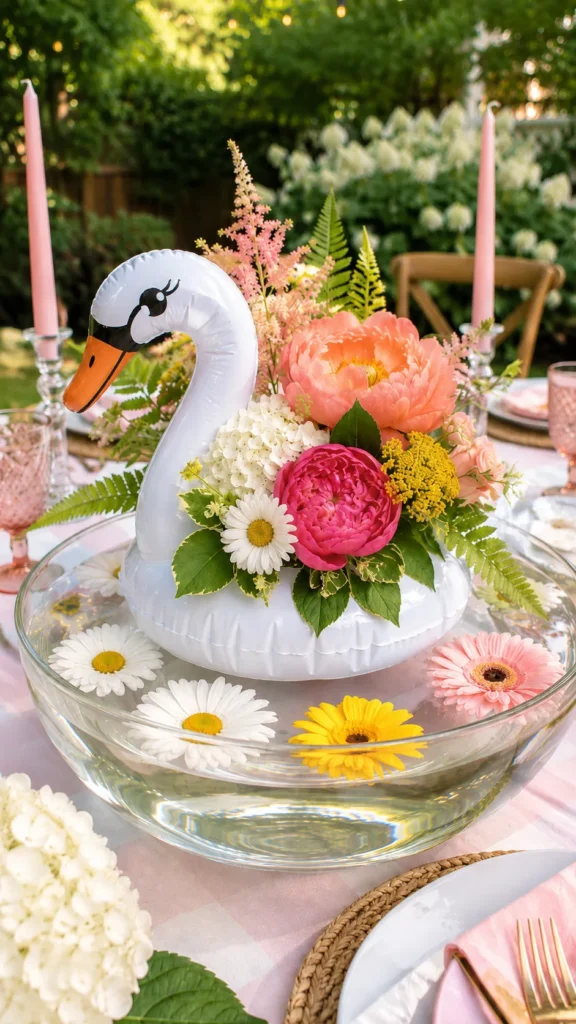 floating inflatable swan in a bowl of water with floating flowers