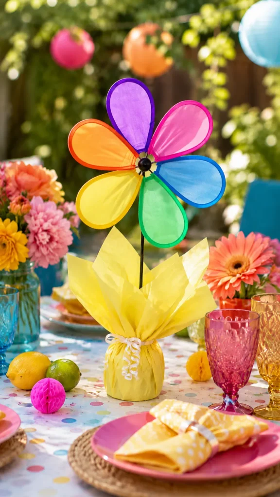 pinwheel birthday centerpiece, very colorful