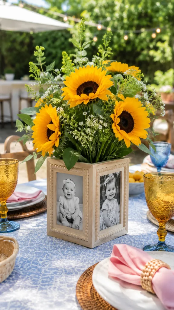 wooden photo box, black and white photos, sunflowers