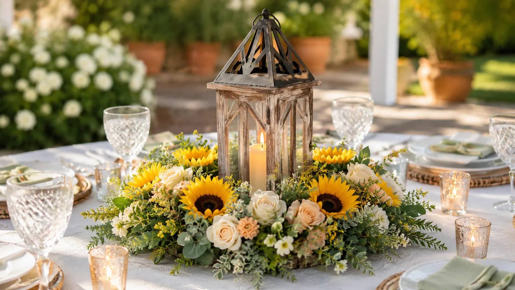 lantern, candle, sunflowers