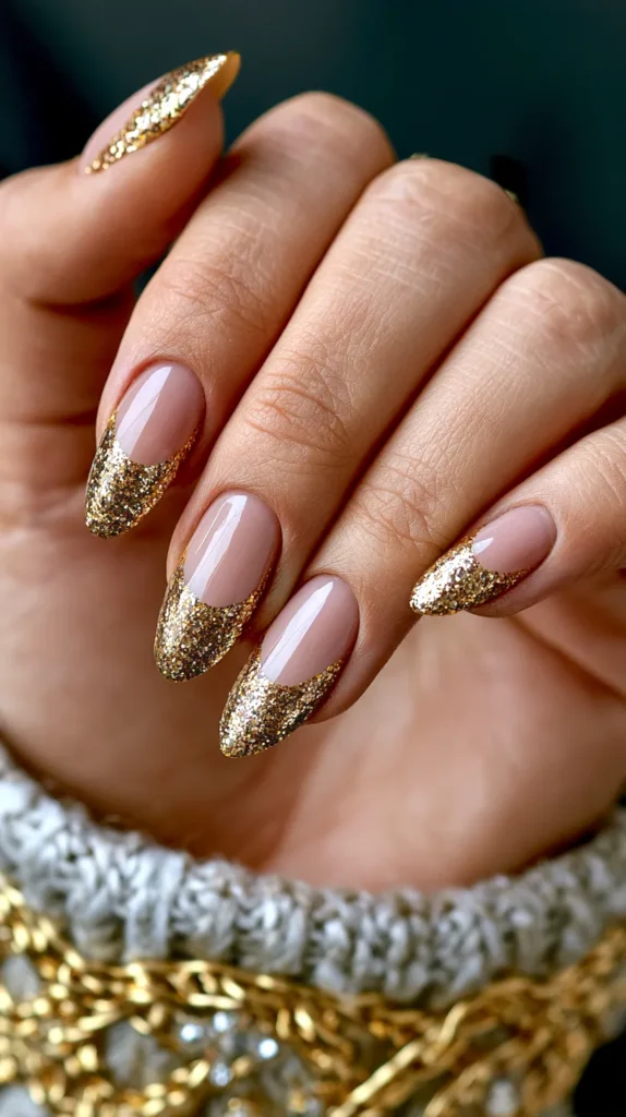 birthday-theme gold glitter tips, nail design manicure on a female hand