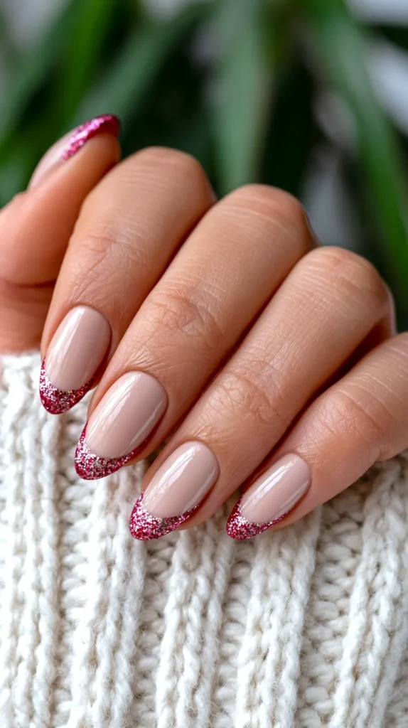 birthday-theme hot pink glitter minimal French tips, nail design manicure on a female hand
