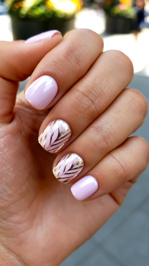 light pink and gold, birthday-theme nail design manicure on a female hand