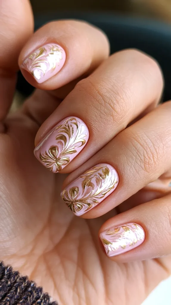 light pink and gold, birthday-theme nail design manicure on a female hand
