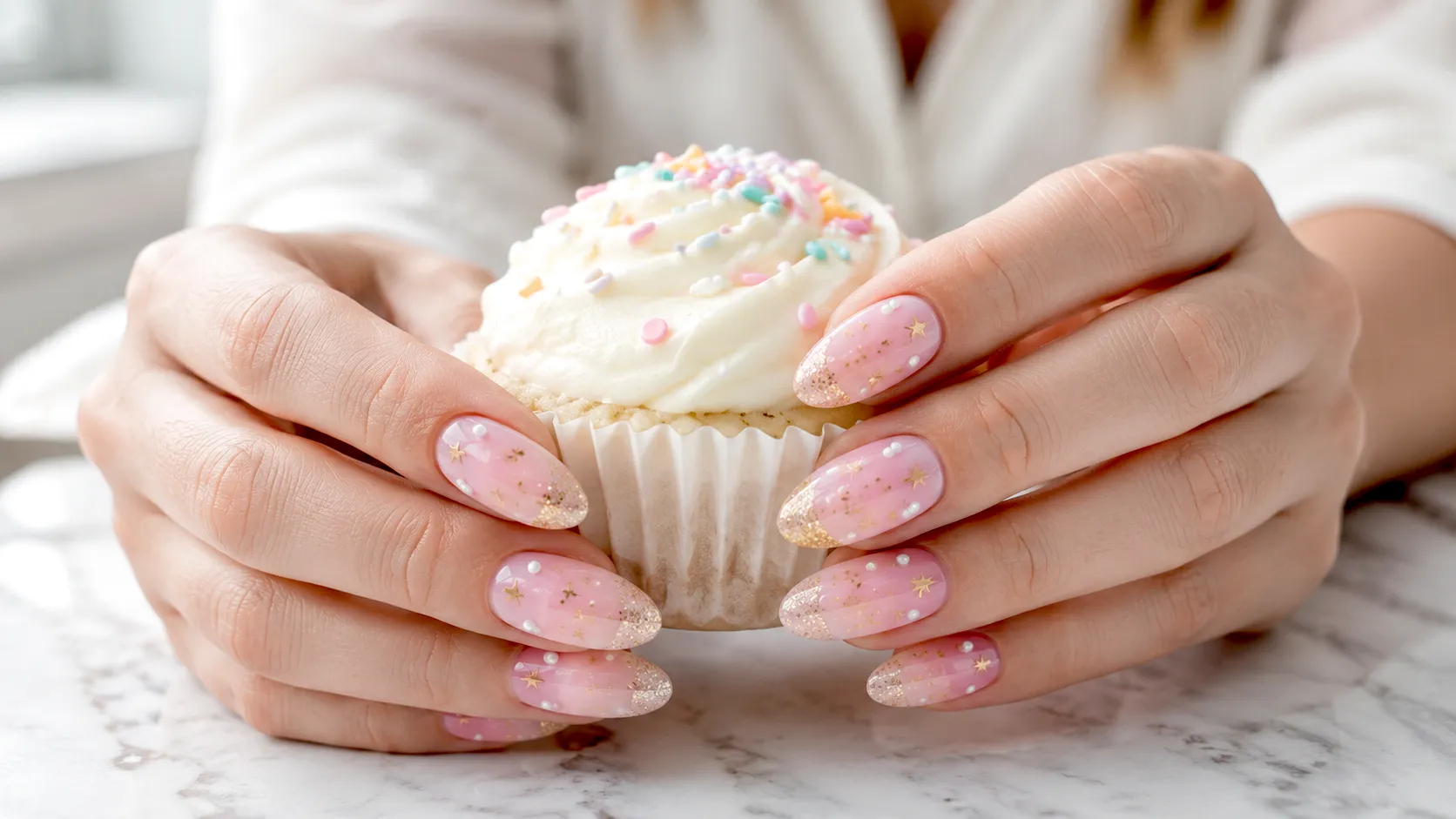 Close-up editorial photo of feminine hands with glossy birthday nails, almond-shaped manicure with pale pink polish, flat painted tiny gold stars, delicate painted pearl-like dots, and subtle champagne glitter tips, holding a small white birthday cupcake with pastel sprinkles, white marble counter, soft natural window light, clean bright beauty photography, no face, no text, no watermark