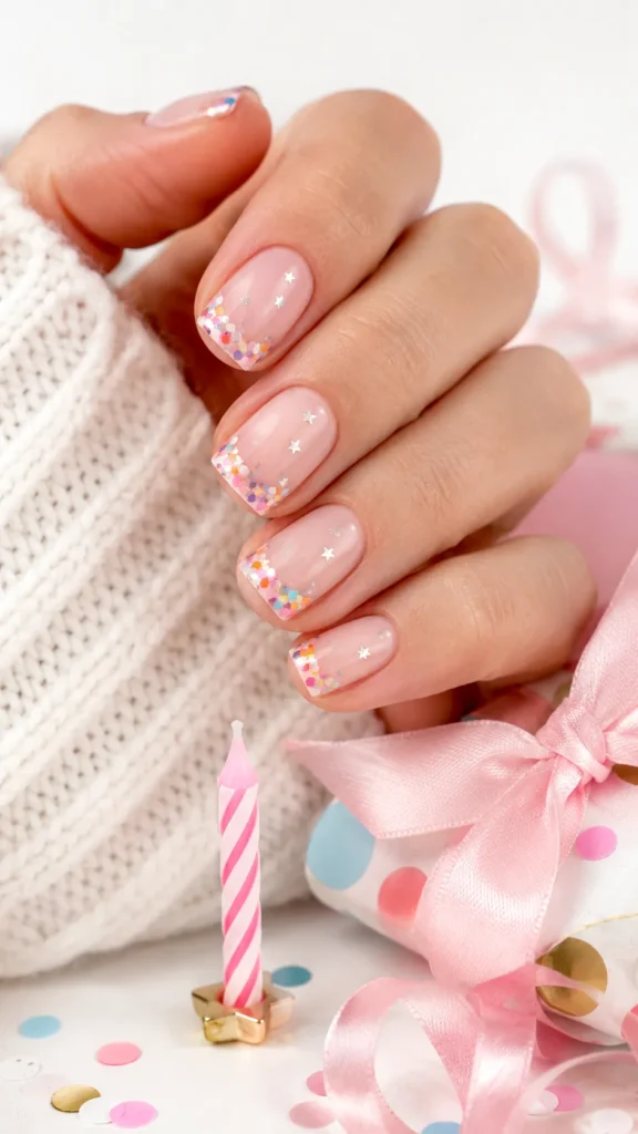 Pinterest-style close-up of short square birthday nails with sheer beige polish, colorful confetti French tips, tiny silver star details on nail centers, hand resting near pastel gift ribbon and a small birthday candle, bright white background, soft feminine lighting, crisp realistic nail detail, cheerful party aesthetic, no text, no watermark