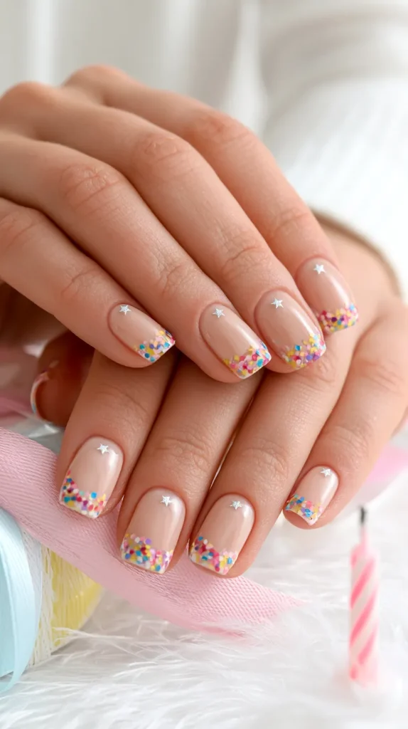 Pinterest-style close-up of short square birthday nails with sheer beige polish, colorful confetti French tips, tiny silver star details on nail centers, hand resting near pastel gift ribbon and a small birthday candle, bright white background, soft feminine lighting, crisp realistic nail detail, cheerful party aesthetic