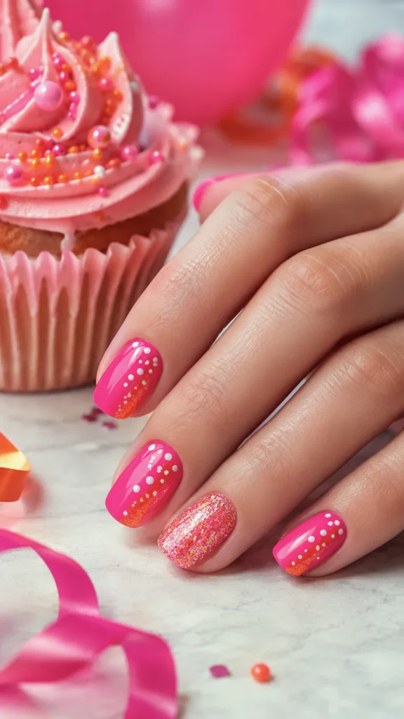 Close-up photo of fun birthday nails with hot pink polish, orange shimmer accents, tiny white dots, and one glitter accent nail, hand resting beside a pink frosted cupcake and curled ribbon, bright playful party setup, glossy manicure, realistic skin texture, clean feminine styling, no face, no text, no watermark