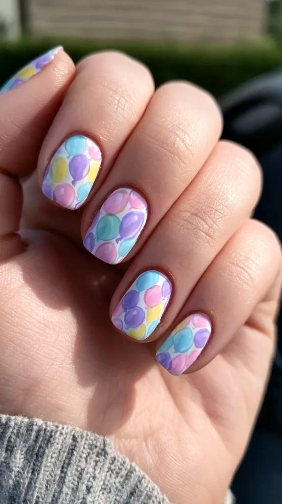 birthday-theme pastel watercolor balloons nail design manicure on a female hand