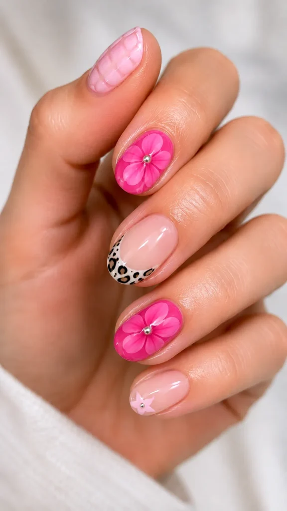 hot pink nails should have a floral design and the rhinestone would be the flower center