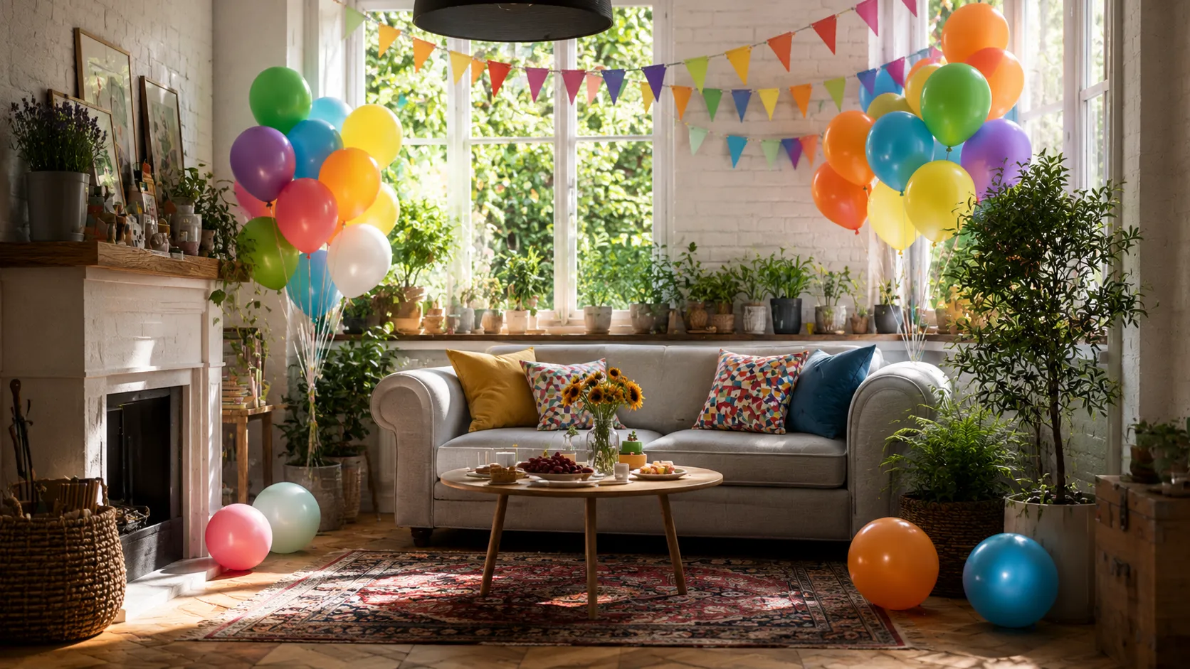 hyper-realistic room decorated for a birthday celebration, no people