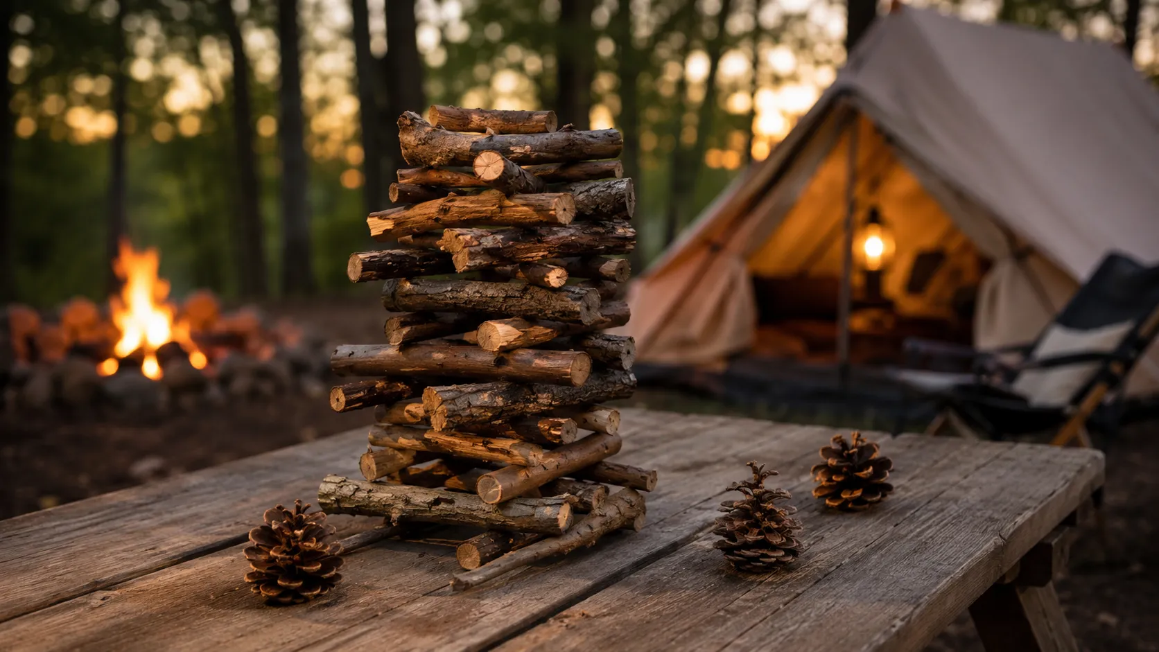 Rustic stick stacking game on a wooden picnic table at a campsite, uneven natural sticks carefully balanced like a campfire version of Jenga, pinecones scattered nearby, canvas tent and soft campfire glow in the background, warm evening light, realistic outdoor camping photography, cozy family game night mood, no people, no text, no logos