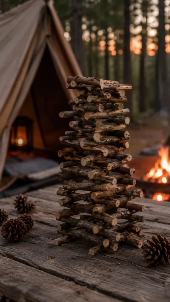 Rustic stick stacking game on a wooden picnic table at a campsite, uneven natural sticks carefully balanced like a campfire version of Jenga, pinecones scattered nearby, canvas tent and soft campfire glow in the background, warm evening light, realistic outdoor camping photography, cozy family game night mood, no people, no text, no logos