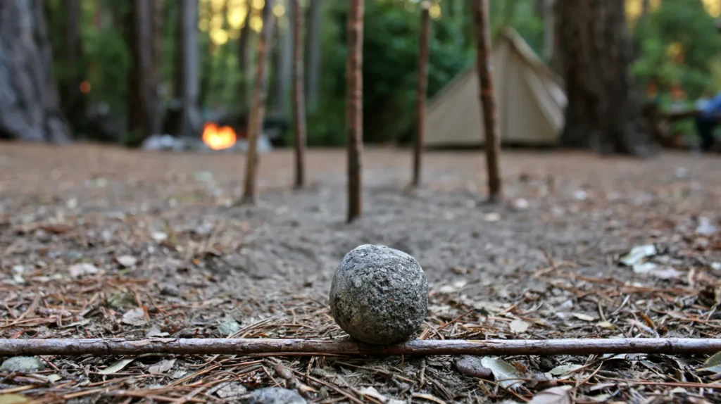 Rustic campsite game setup called stick rock, several sturdy sticks poked vertically into soft dirt like simple bowling pins, one small smooth rock resting near a marked throwing line made from a twig, forest campsite setting, pine needles and leaves on the ground, canvas tent softly blurred in the background, warm campfire glow, cozy evening light, realistic outdoor camping photography, playful family camping game mood, no people, no hands, no text, no logos