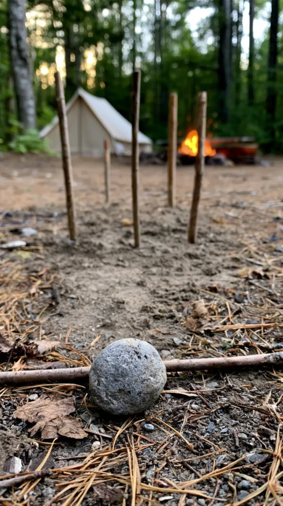 Rustic campsite stick rock game setup, sturdy sticks poked upright into soft dirt like outdoor bowling pins, small smooth rock near a twig throwing line, pine needles and leaves scattered on the ground, soft canvas tent and campfire glow in the background, warm golden evening light, realistic outdoor camping photography, cozy family camping game mood, open space at top for text overlay, no people, no hands, no text, no logos