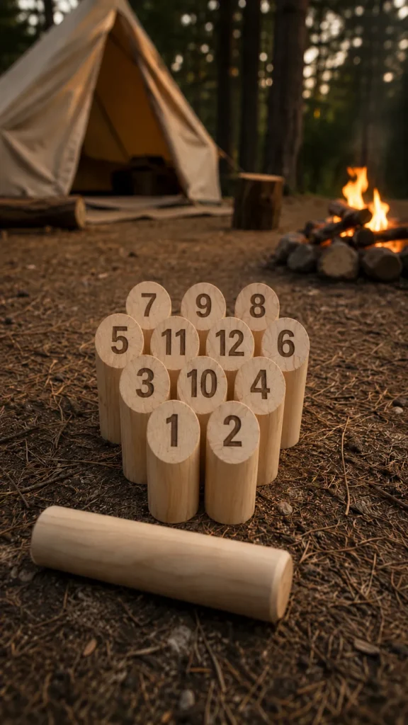 Rustic campsite Mölkky game setup in a forest clearing, numbered wooden pins arranged in formation on packed dirt and pine needles, one wooden throwing pin placed in the foreground, canvas tent softly blurred in the background, glowing campfire off to the side, warm evening light, cozy outdoor camping atmosphere, realistic lifestyle photography, natural wood textures, no people, no text, no logos --ar 16:9