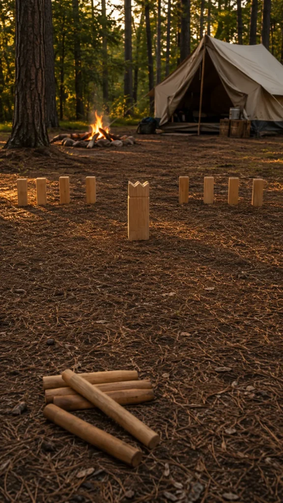 Rustic campsite Kubb game setup in an open forest campsite, wooden kubb blocks lined up on opposite baselines with the larger king block centered in the middle, wooden throwing batons resting on the ground in the foreground, canvas tent and soft campfire glow in the background, warm golden evening light, realistic outdoor camping photography, natural earthy textures, no people, no text, no logos --ar 16:9