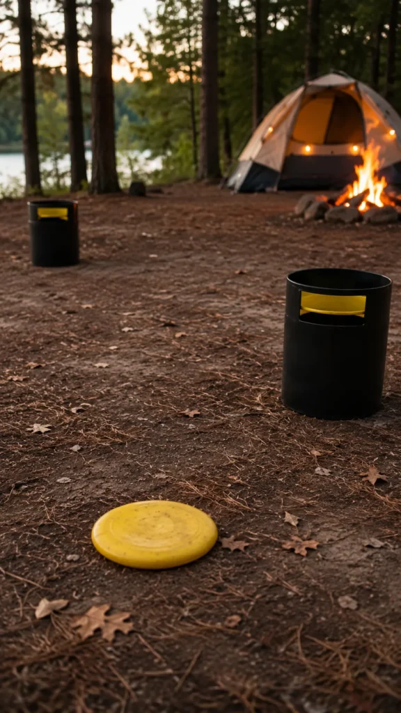 Cozy campsite Kan Jam game setup in a forest clearing, two plastic Kan Jam goals placed across from each other on a flat dirt campsite, flying disc resting in the foreground, canvas tent softly blurred in the background, glowing campfire nearby, pine needles and leaves on the ground, warm evening light, realistic outdoor camping photography, playful family camping mood, no people, no text