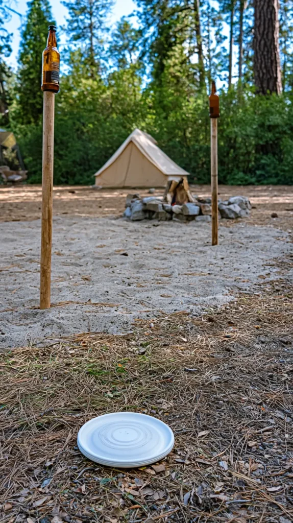Rustic daytime Bottle Bash game setup at a forest campsite, two wooden poles standing far apart across a wide open dirt playing lane, brown beer bottles balanced on top of each pole, white flying disc resting on the ground in the foreground, canvas tent softly blurred in the background, small campfire inside a stone fire ring near the tent, bright natural daylight, green forest trees, pine needles and dry leaves on the ground, realistic outdoor camping photography, natural earthy textures, cozy family camping mood, no people, no hands, no text, no logos