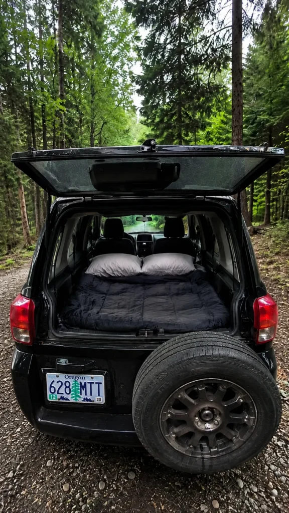 Black SUV camping setup with the rear hatch open in a green forest, showing a cozy bed, pillows, spare tire, and Oregon license plate.