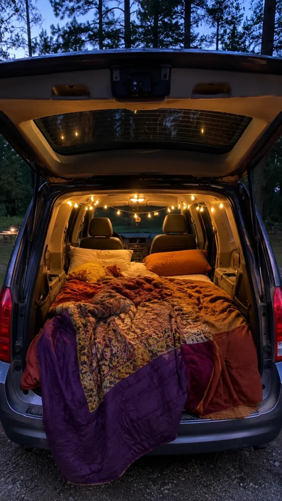 Cozy minivan camping setup at dusk with the rear hatch open, layered colorful blankets, pillows, and warm interior lighting.