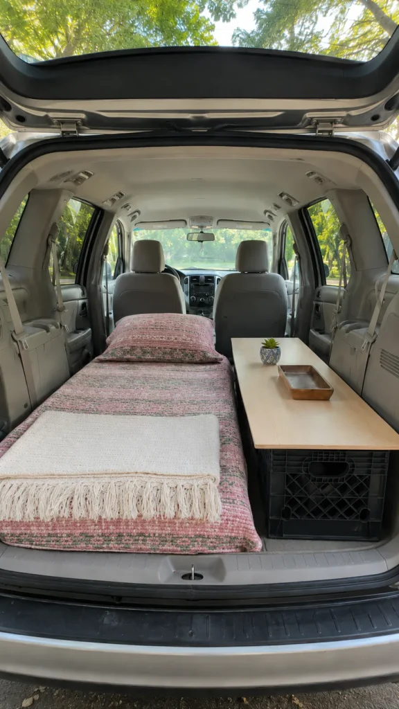 Minivan camping setup with a pink and green bed blanket, cream throw, black storage crate table, small tray, and potted plant.