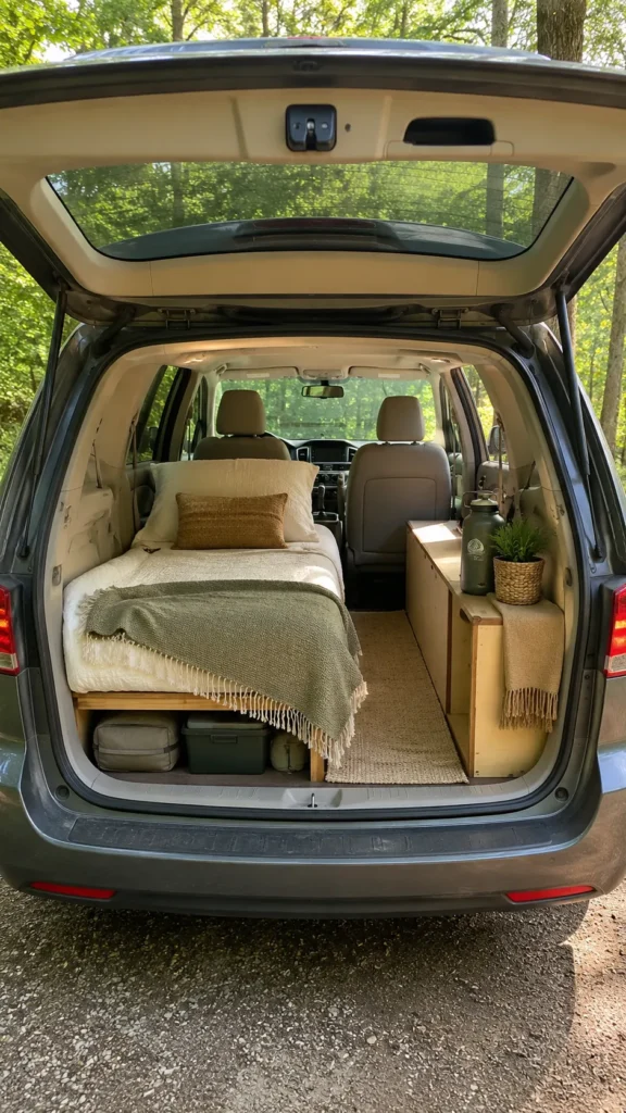 Organized minivan camping bed setup with white bedding, green throw blanket, wood storage cabinet, water bottle, plant, and forest view.